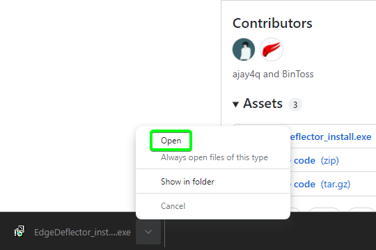 Windows context menu for downloaded file with the 'Open' option highlighted in green.