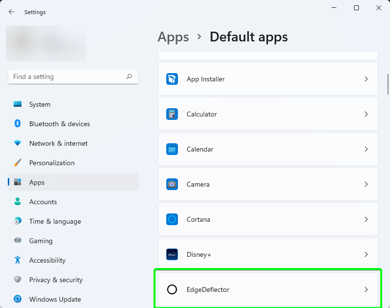 Windows 'Default apps' page with EdgeDeflector highlighted in green.