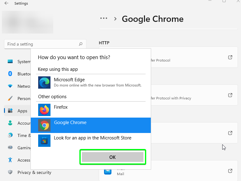 Windows Menu 'How do you want to open this?' with the 'OK' button highlighted in green.