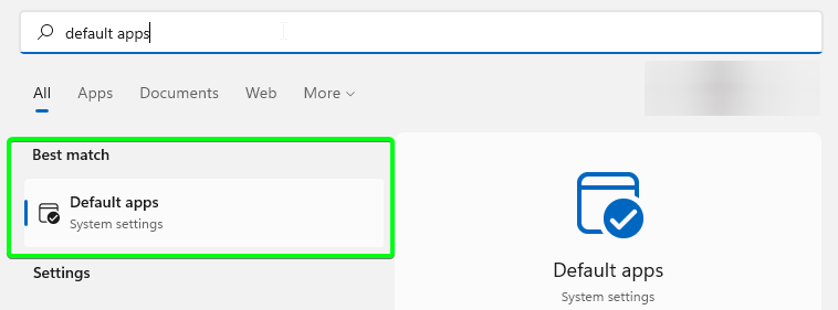 Windows Start Menu Best Match with 'Default apps' highlighted in green.