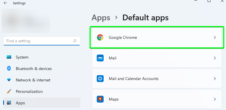 Windows Default Apps with Google Chrome highlighted in green.