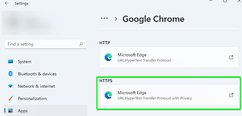 Windows Default Apps Google Chrome page with 'HTTPS Microsoft Edge' highlighted in green.